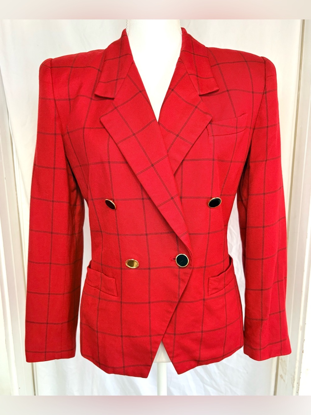 Stirling Cooper Vintage Red Plaid Double Breasted Blazer Jacket Shoulder Pads 8